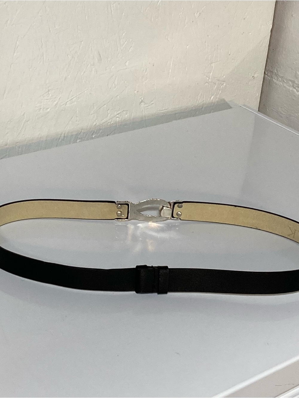 Anne Klein S/M Black Leather Adjustable Silver and Gold Tone Buckle Belt - Picture 3 of 7